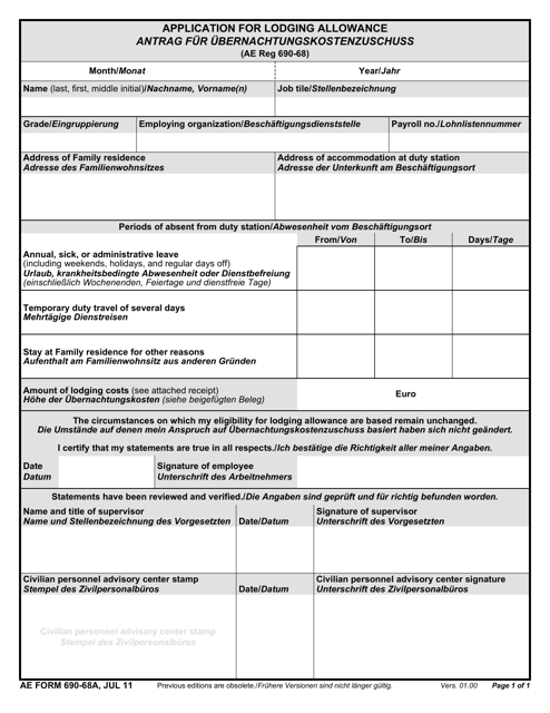 AE Form 690-68A Application for Lodging Allowance (English/German)
