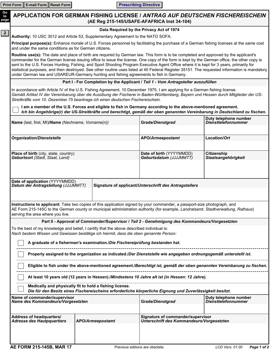 AE Form 215-145B Application for German Fishing License (English / German), Page 1