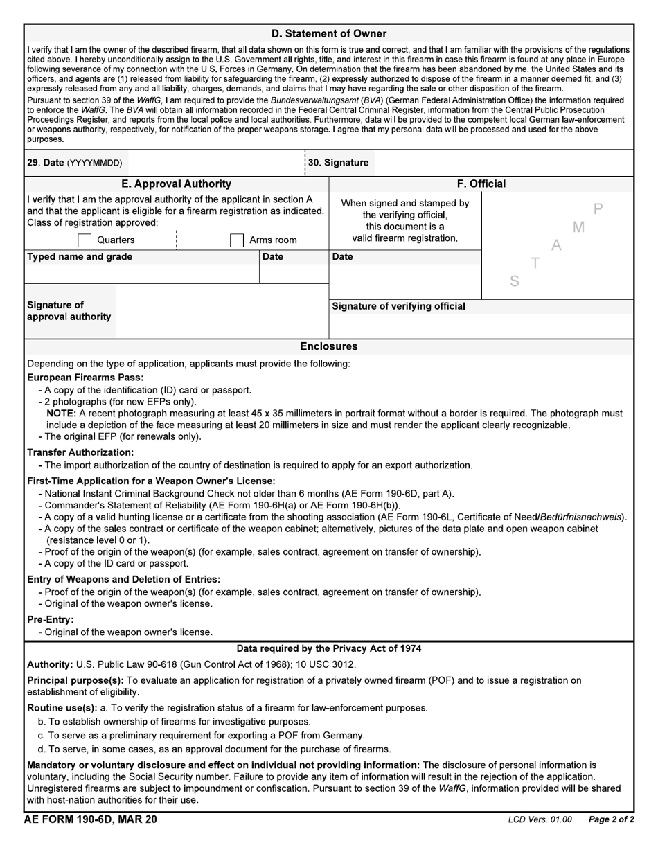AE Form 190-6D Application for Issuance of a Permit Pursuant to the German Weapons Law (Preapproval Entry) / Application for a License to Acquire a Weapon / Reporting the Acquisition and Transfer of Ownership of a Weapon, Page 2