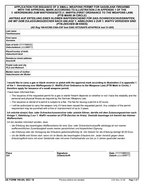 AE Form 190-6N Application for Issuance of a Small Weapons Permit for Gas/Blank Firearms With the Approval Mark According to Illustration 2 in Appendix 1 of the 1. Verordnung Zum Waffengesetz (1. Waffv) (First Ordinance to the Weapons Law) (Ptb Mark in Circle) (English/German)