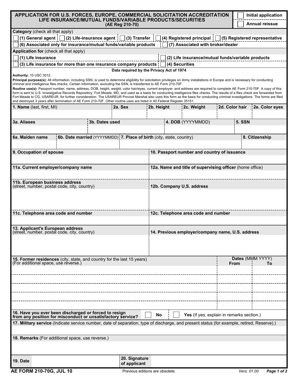 AE Form 210-70G Application for U.S. Forces Europe Commercial Solicitation Accreditation Life Insurance / Mutual Funds / Variable Products / Securities, Page 1