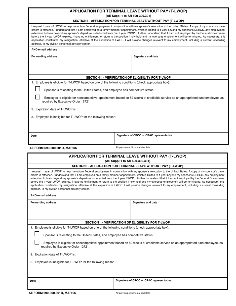 AE Form 690-300.301D Application for Terminal Leave Without Pay (T-Lwop), Page 1