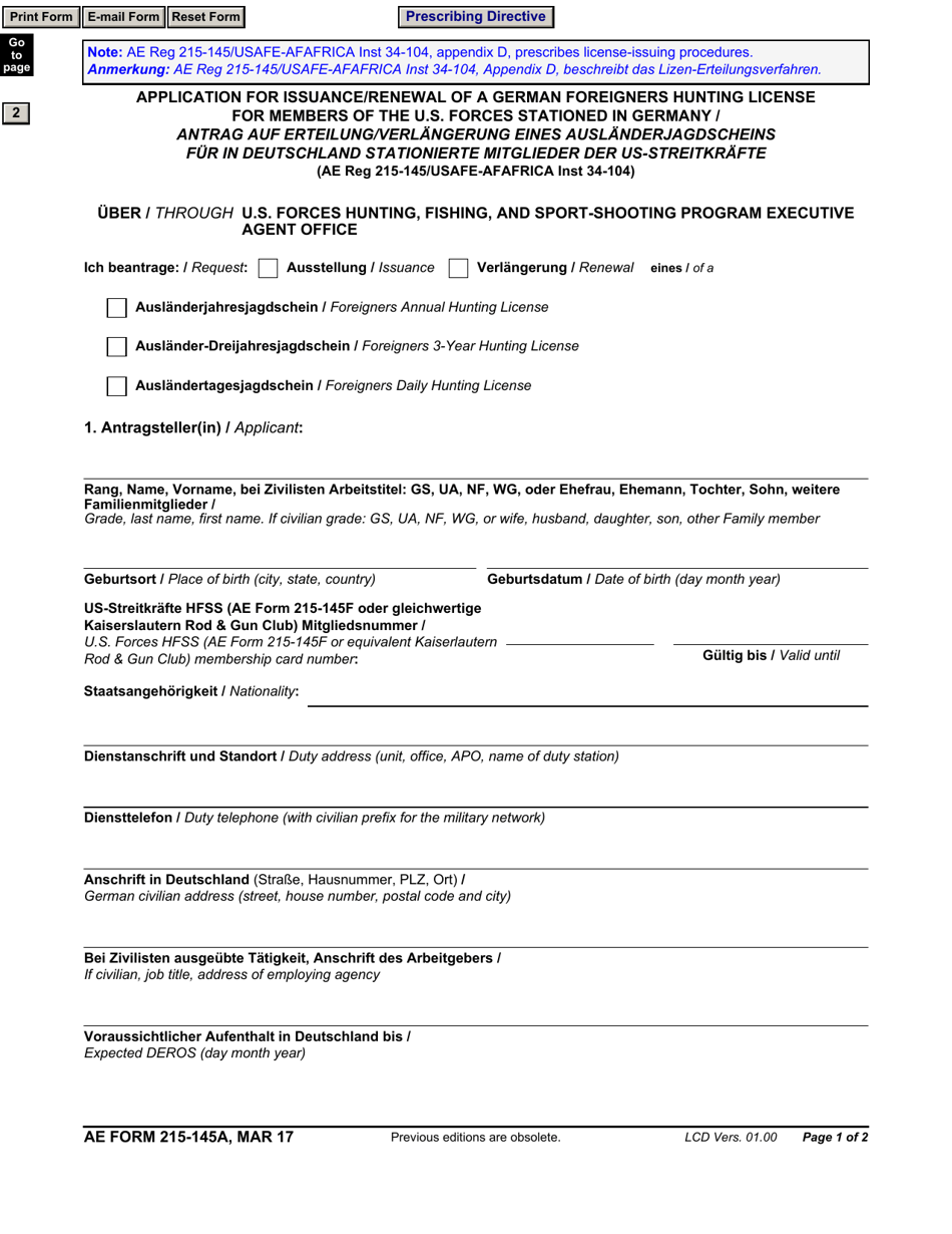 AE Form 215-145A Application for Issuance / Renewal of a German Foreigners Hunting License for Members of the U.S. Forces Stationed in Germany (English / German), Page 1
