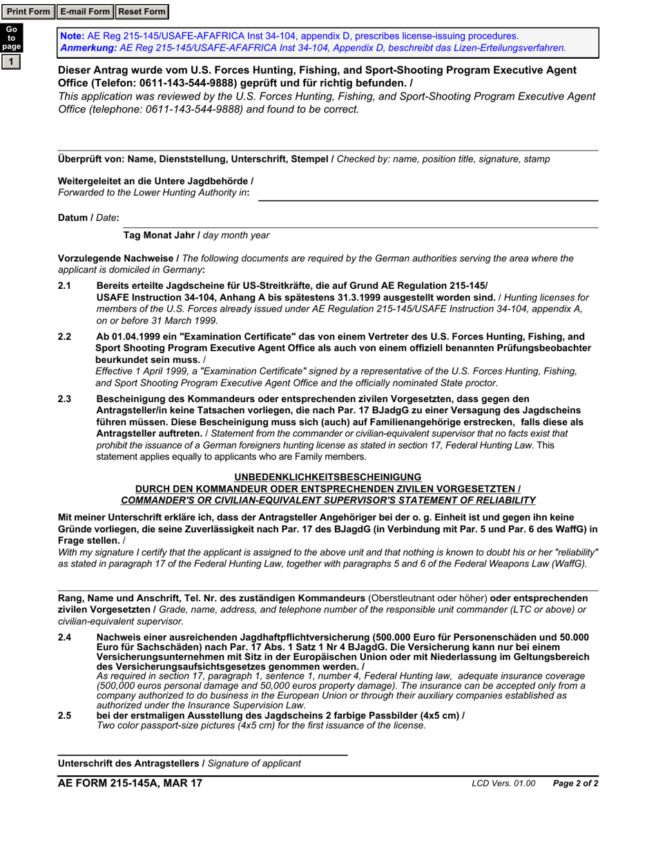 AE Form 215-145A Application for Issuance / Renewal of a German Foreigners Hunting License for Members of the U.S. Forces Stationed in Germany (English / German), Page 2