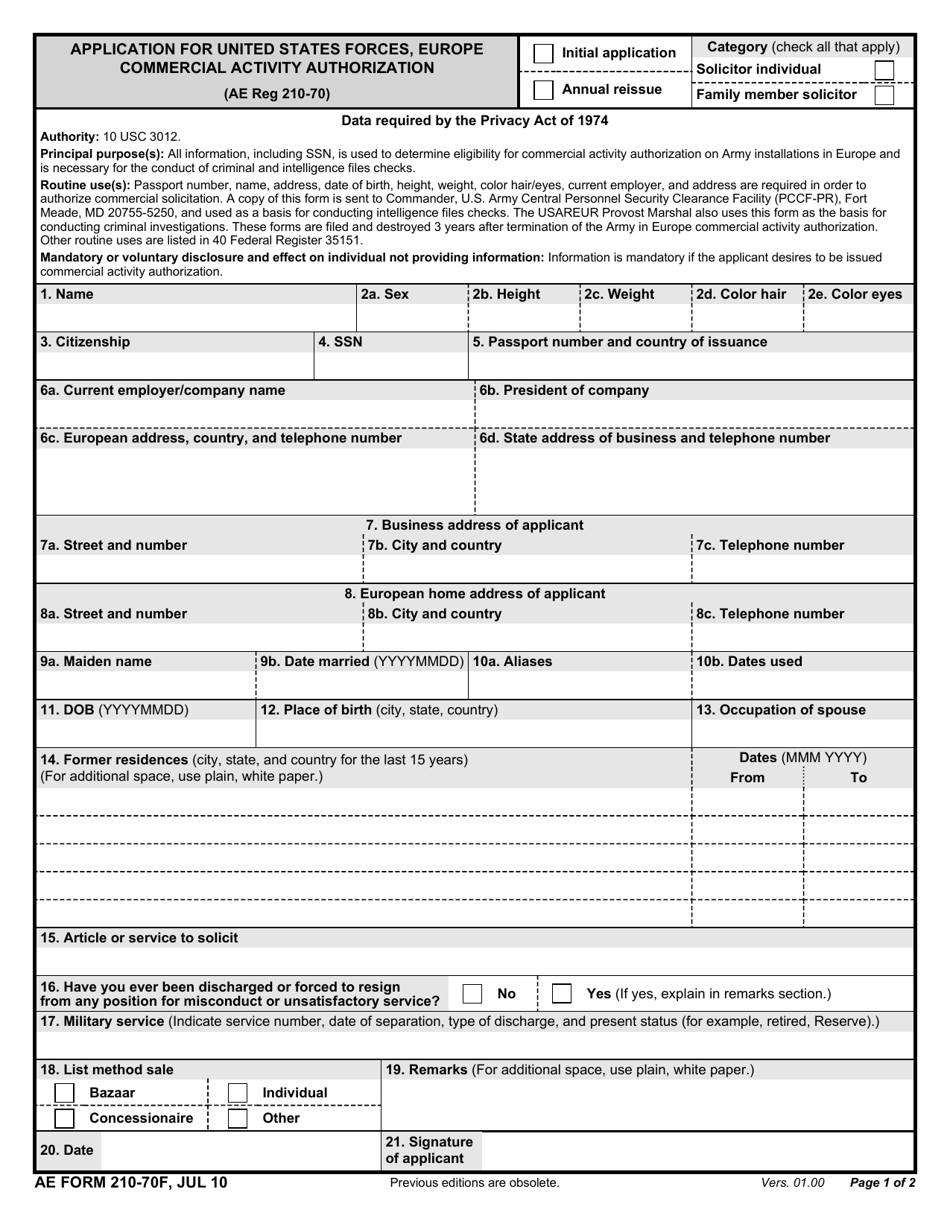 AE Form 210-70F Application for United States Forces Europe Commercial Activity Authorization (English / German), Page 1