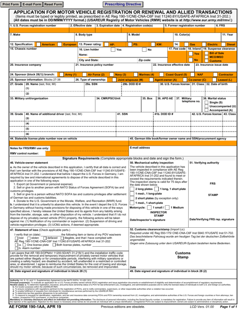 AE Form 190 1AA Download Fillable PDF Or Fill Online Application For 