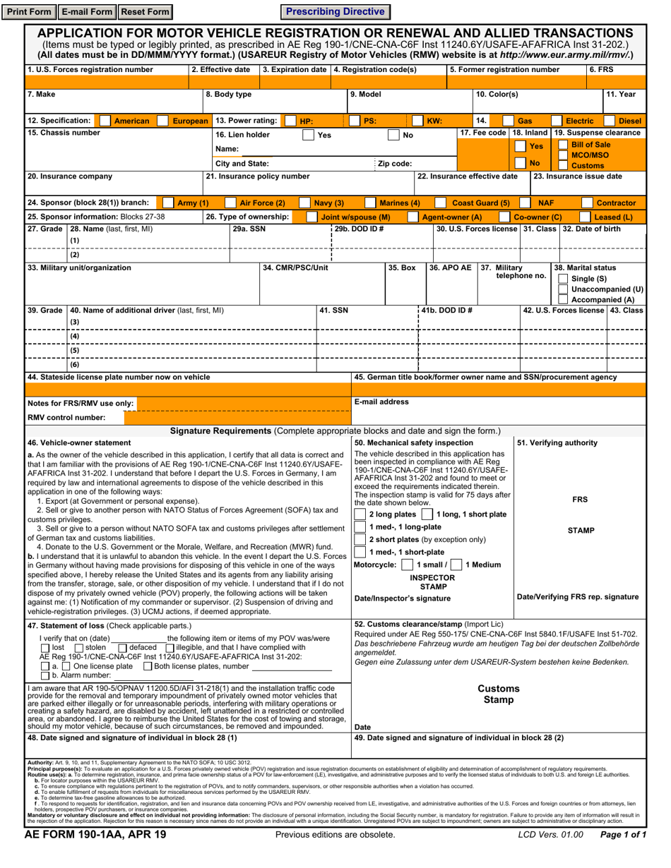 AE Form 190-1AA Application for Motor Vehicle Registration or Renewal and Allied Transactions, Page 1