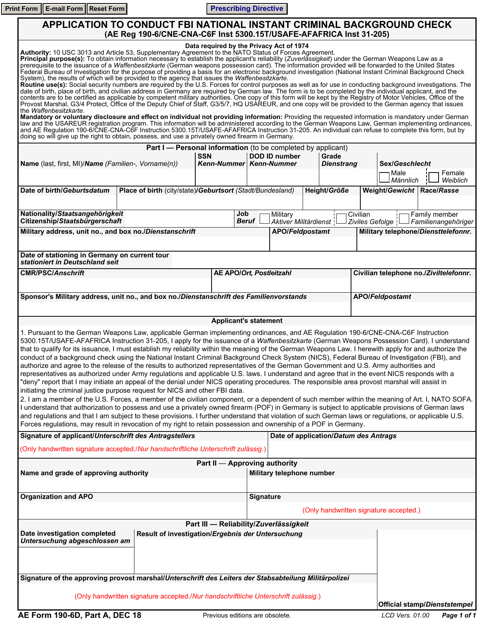 AE Form 190-6D Application to Conduct Fbi National Instant Criminal Background Check