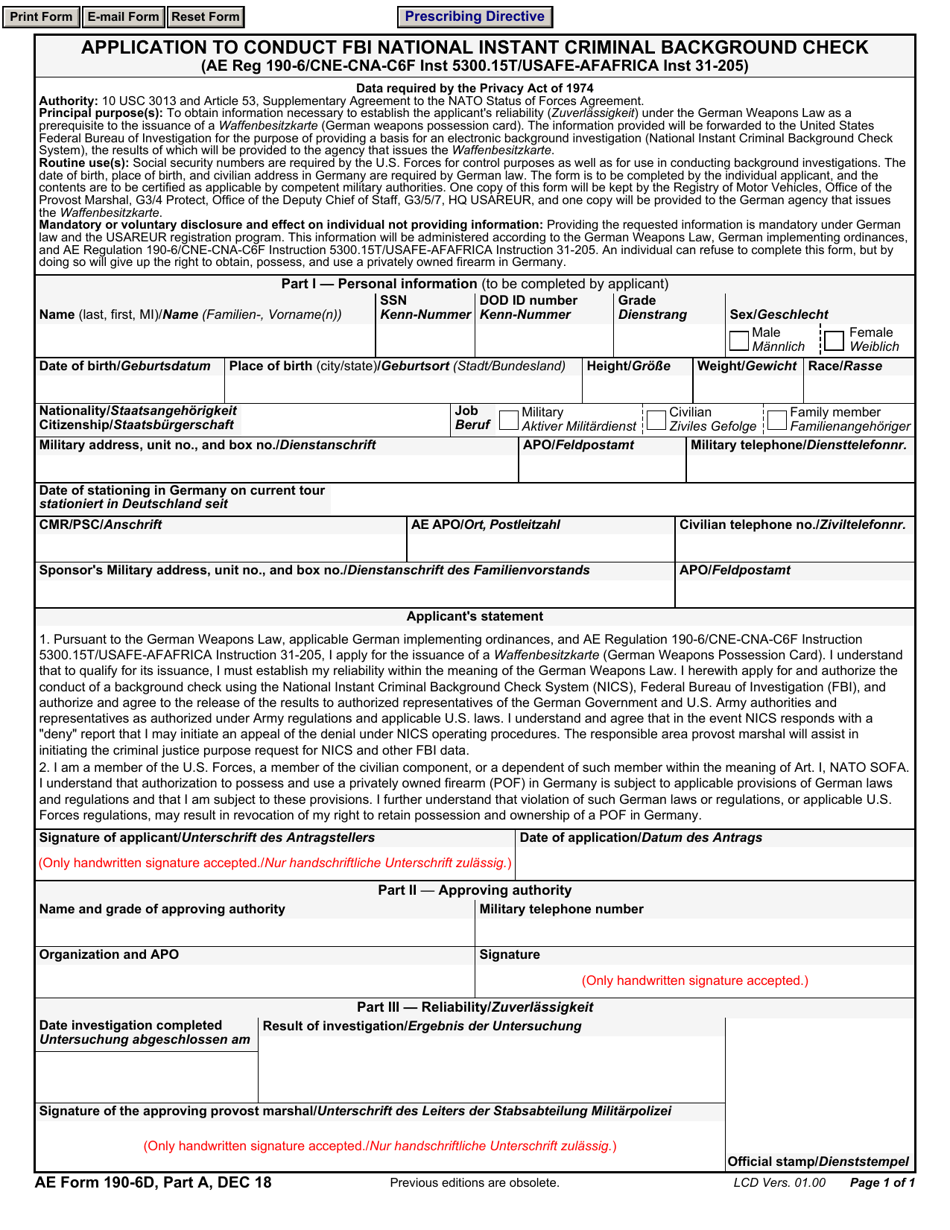 AE Form 190-6D Application to Conduct Fbi National Instant Criminal Background Check, Page 1