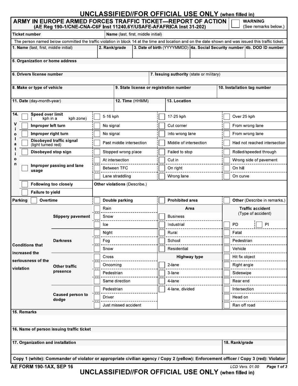 AE Form 190-1AX Army in Europe Armed Forces Traffic Ticket - Report of Action, Page 1