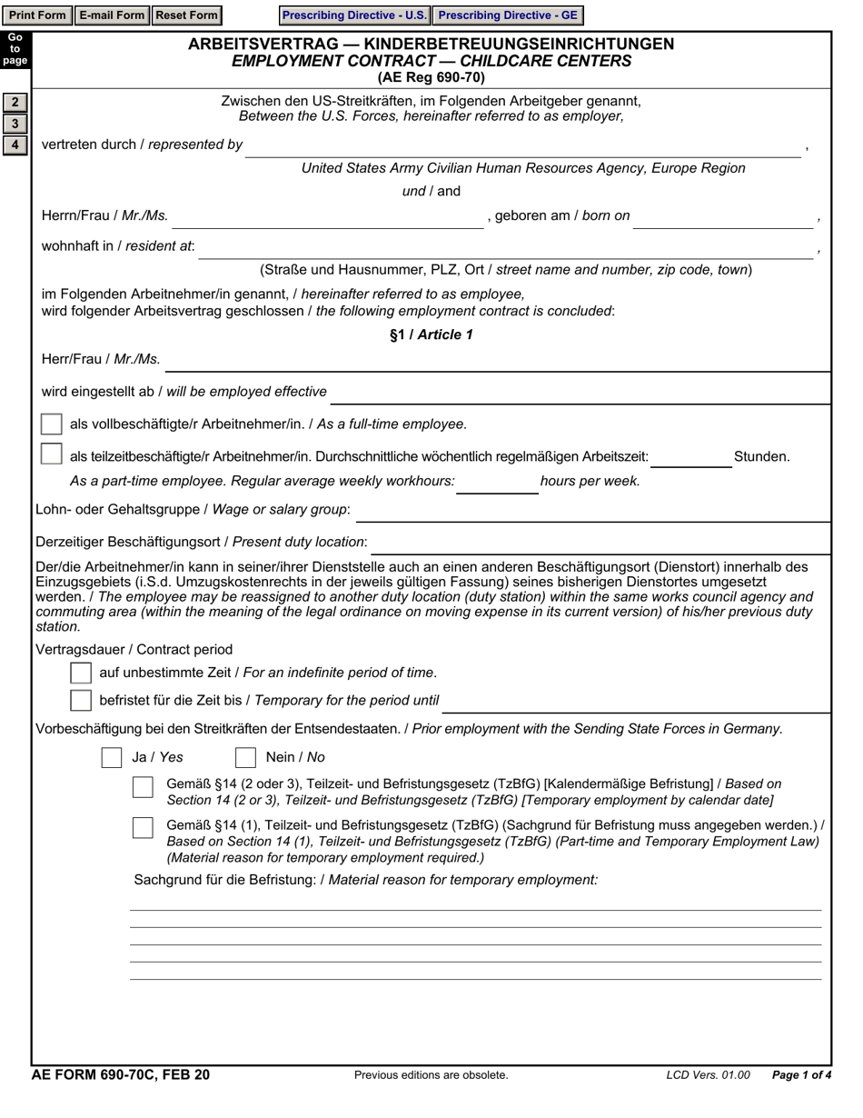 AE Form 690-70C Employment Contract - Childcare Centers (English / German), Page 1