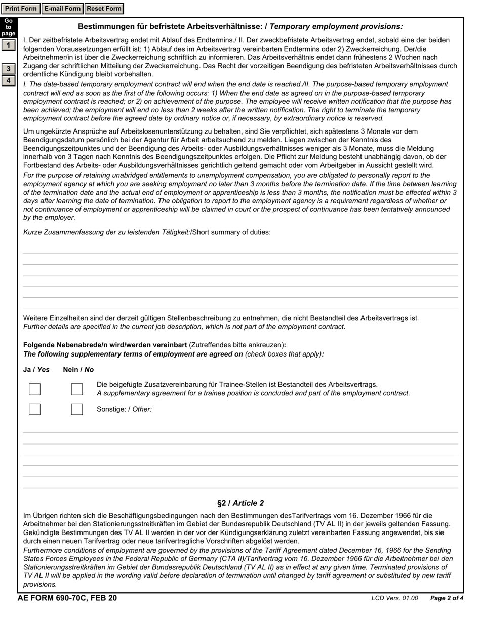 AE Form 690-70C Employment Contract - Childcare Centers (English / German), Page 2