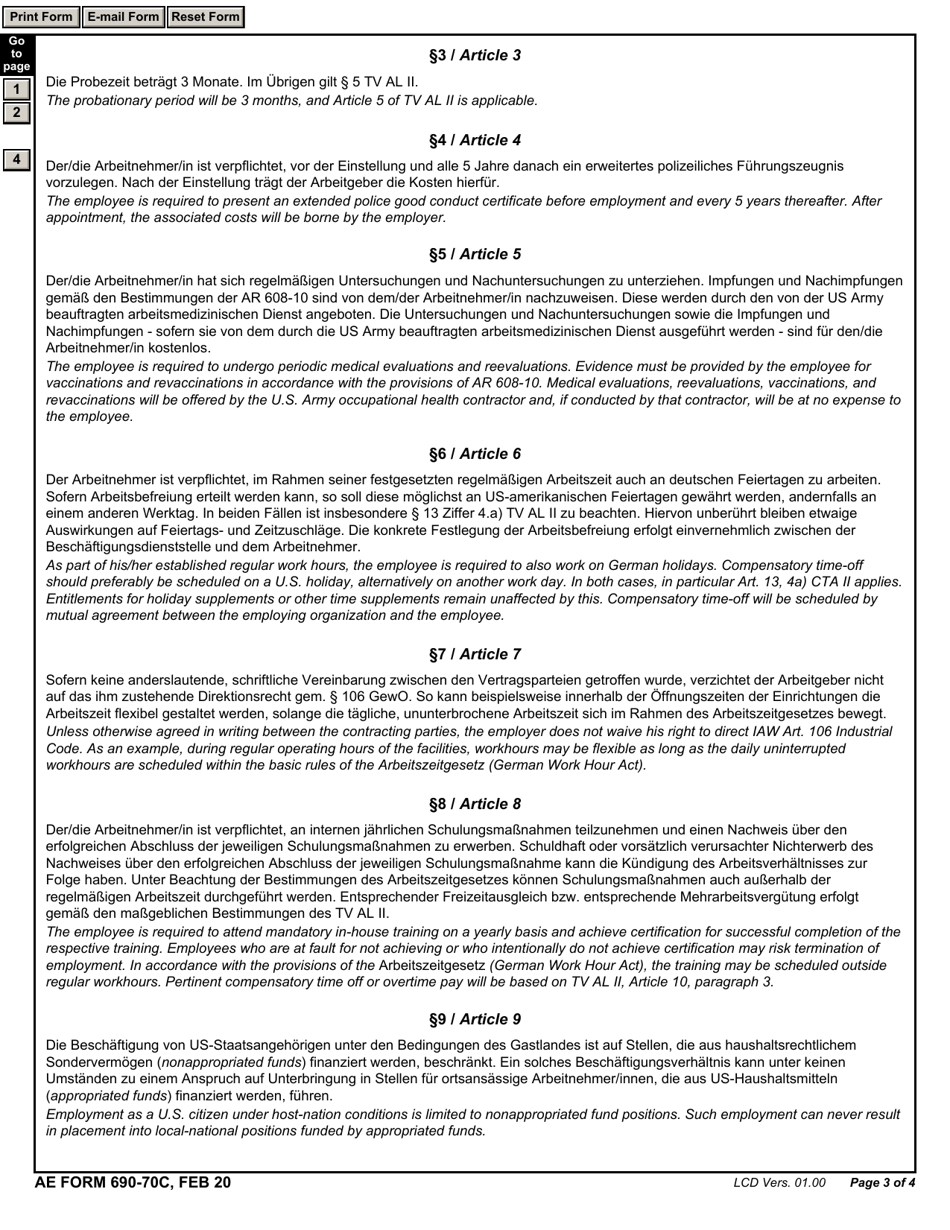AE Form 690-70C Employment Contract - Childcare Centers (English / German), Page 3
