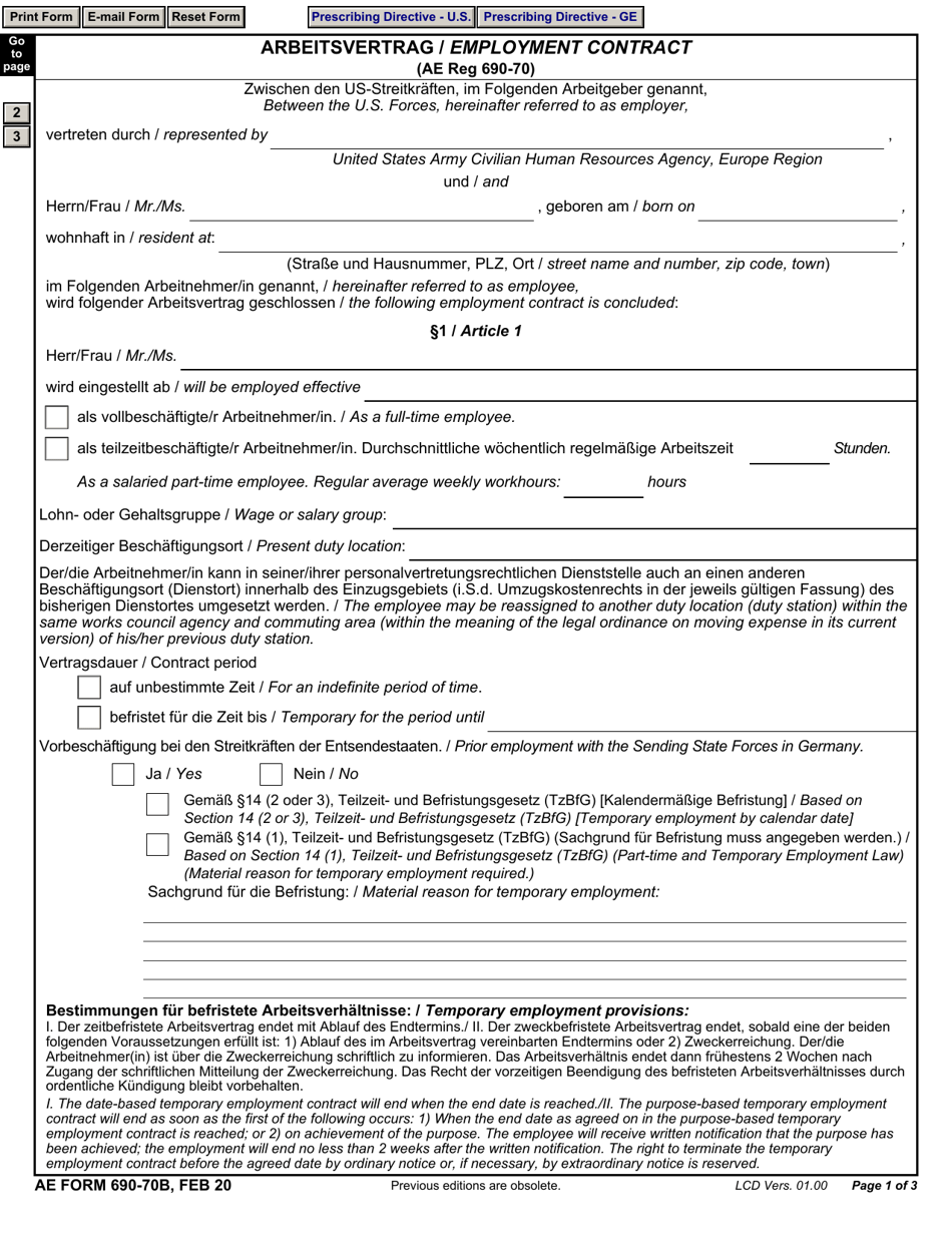 AE Form 690-70B Employment Contract (English / German), Page 1