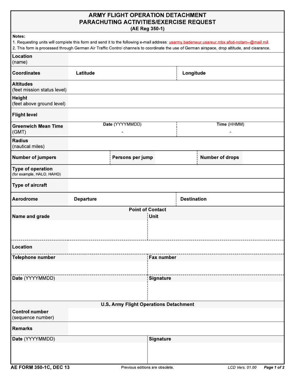 AE Form 350-1C Army Flight Operation Detachment Parachuting Activities / Exercise Request, Page 1
