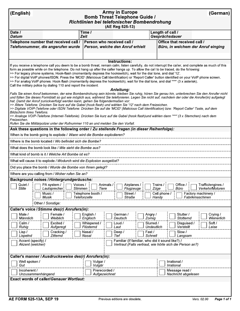 AE Form 525-13A Army in Europe Bomb Threat Telephone Guide (English / German), Page 1