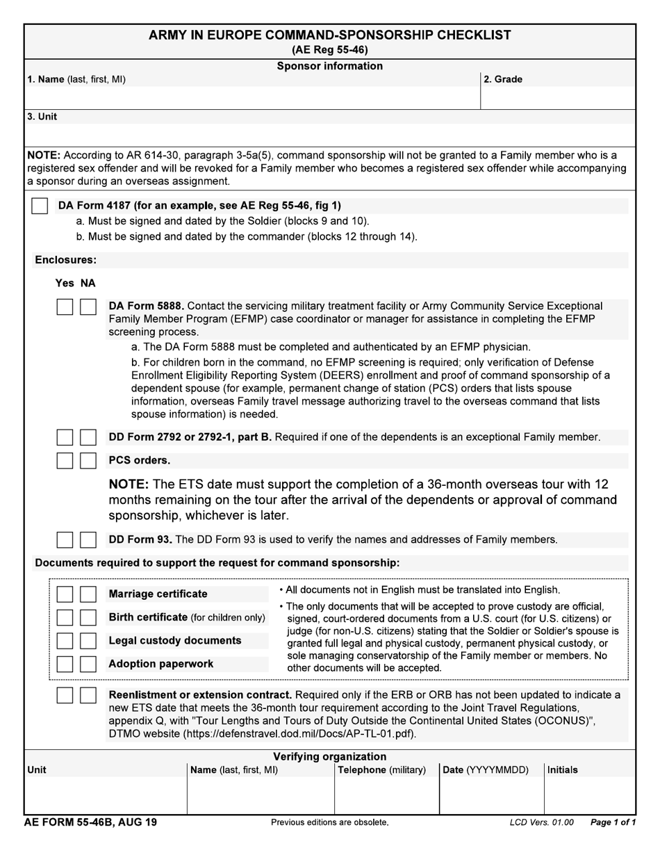 AE Form 55-46B Army in Europe Command-Sponsorship Checklist, Page 1