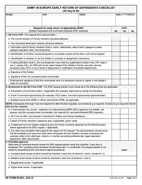 AE Form 55-46C Army in Europe Early Return of Dependents Checklist
