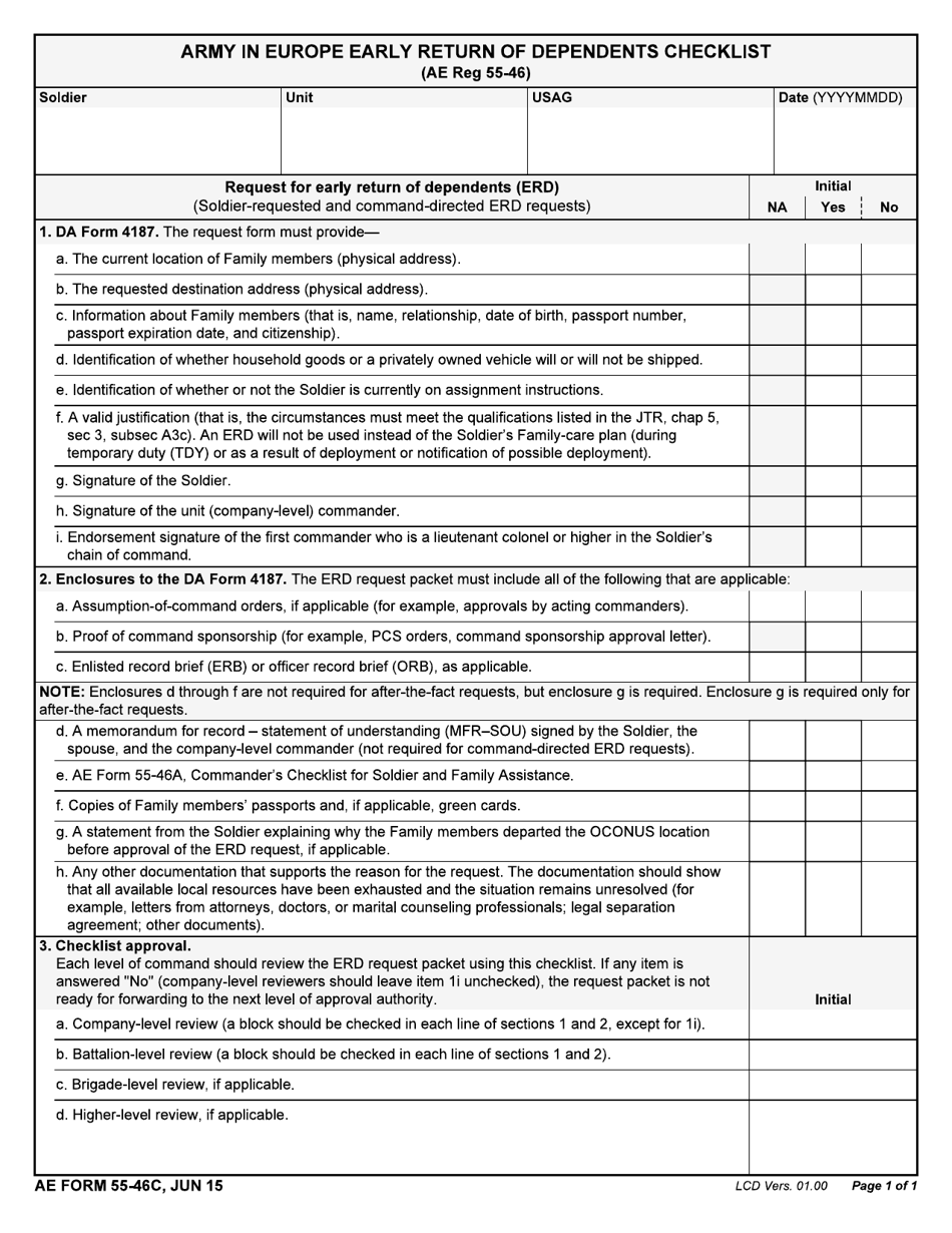 AE Form 55-46C Army in Europe Early Return of Dependents Checklist, Page 1