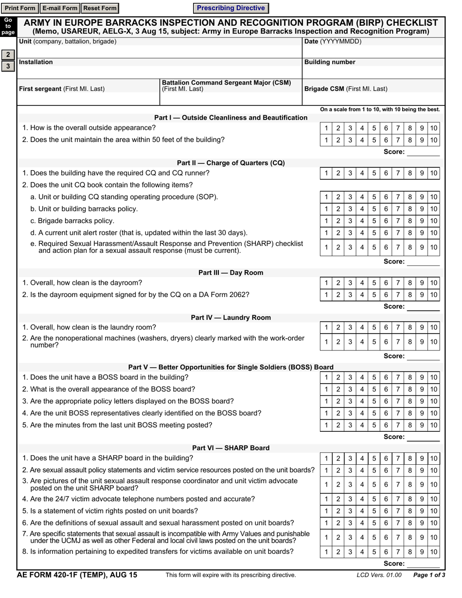AE Form 420-1F (TEMP) Army in Europe Barracks Inspection and Recognition Program (Birp) Checklist, Page 1