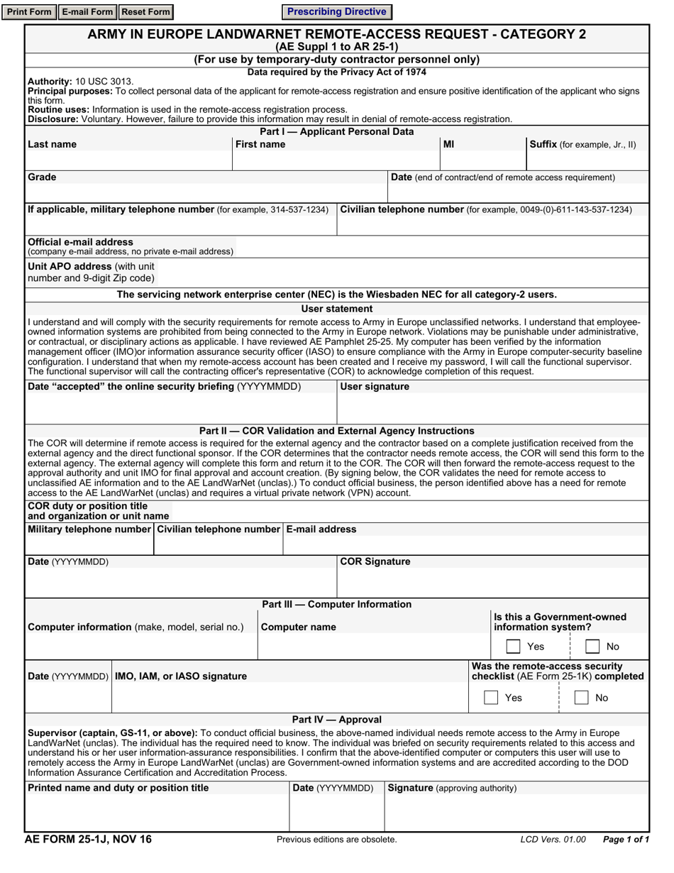 AE Form 25-1J Army in Europe Landwarnet Remote-Access Request - Category 2, Page 1