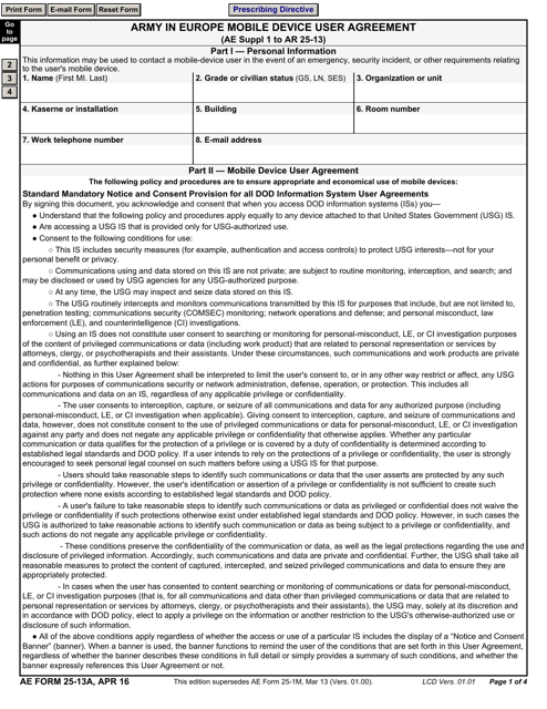 AE Form 25-13A Army in Europe Mobile Device User Agreement