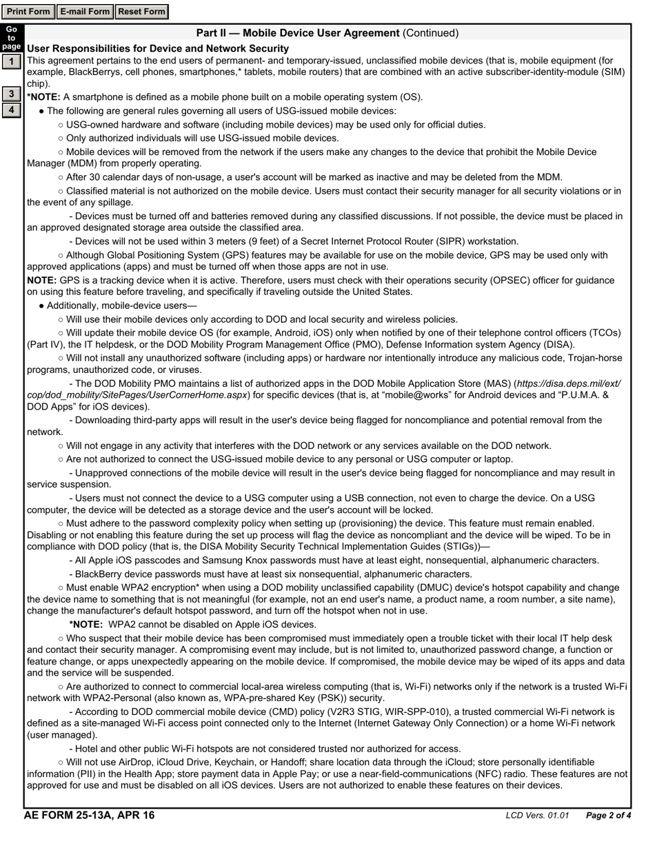 AE Form 25-13A Army in Europe Mobile Device User Agreement, Page 2