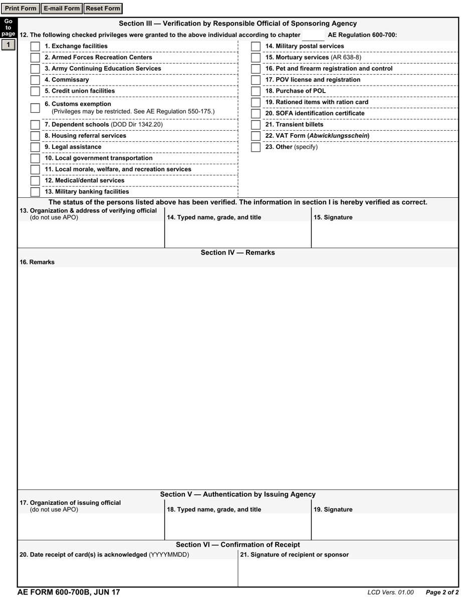 AE Form 600-700B Application for Army in Europe Privilege and Identification Card, Page 2