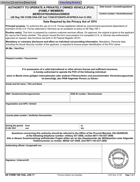 AE Form 190-1AQ Authority to Operate a Privately Owned Vehicle (Pov) (Family Member) (English/German)