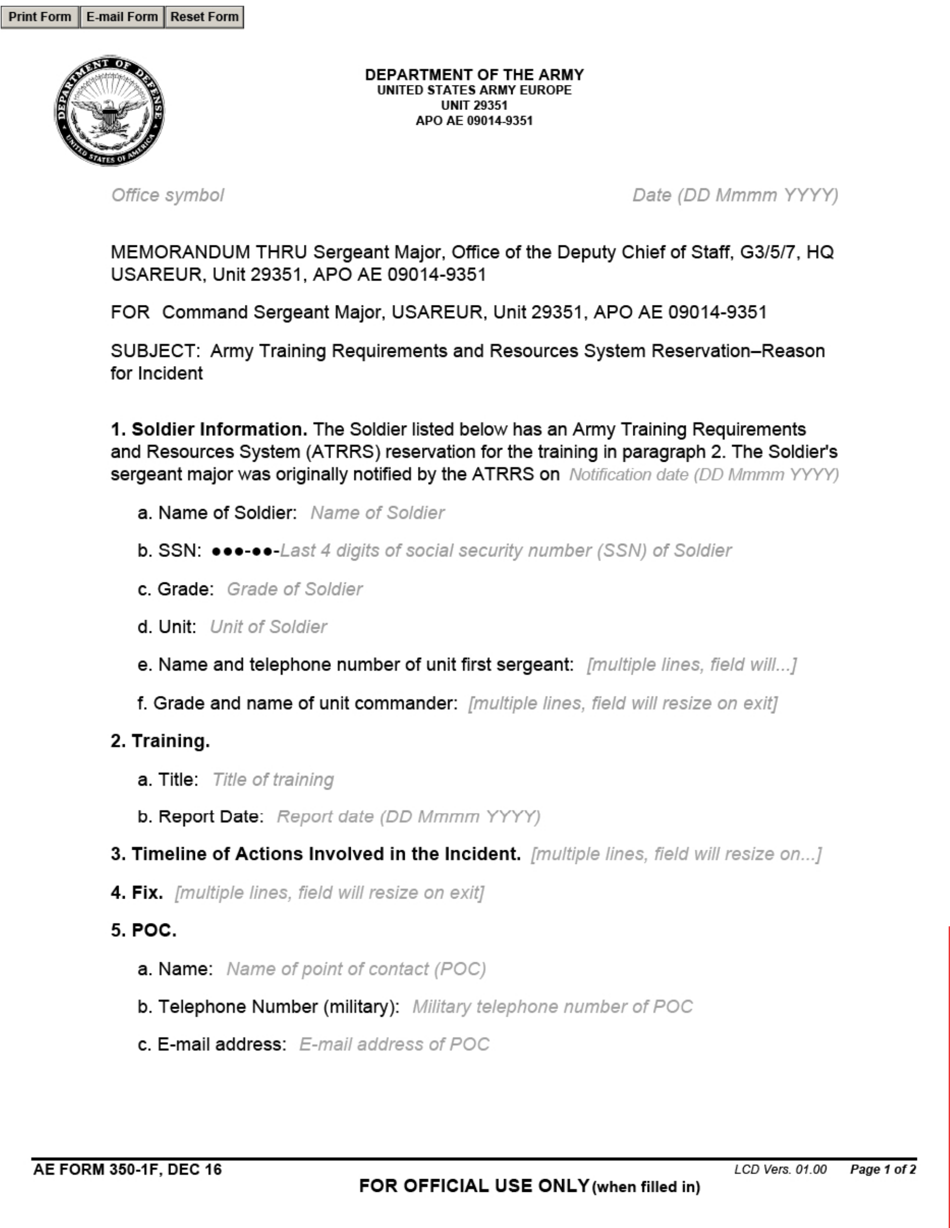 AE Form 350-1F Army Training Requirements and Resources System Reservationreason for Incident, Page 1