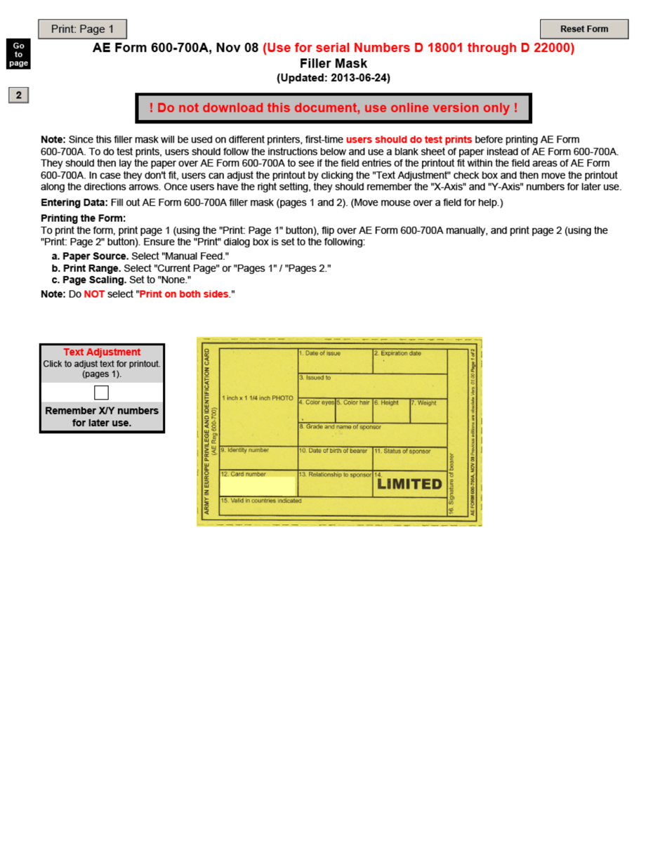 AE Form 600-700A(D18001)-FILLER Army in Europe Privilege and Identification Card - Filler Mask, Page 1