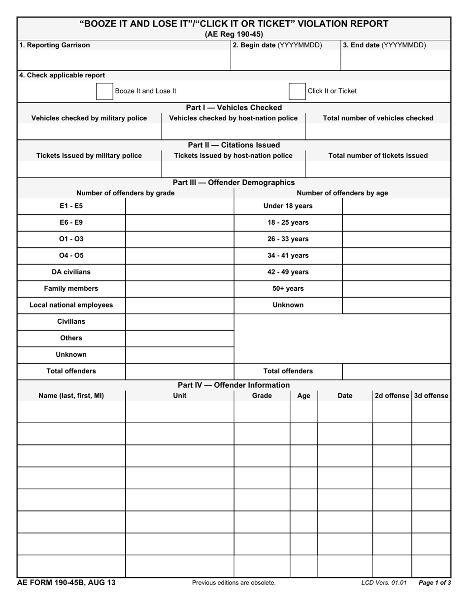 AE Form 190-45B Booze It and Lose It / Click It or Ticket Violation Report, Page 1