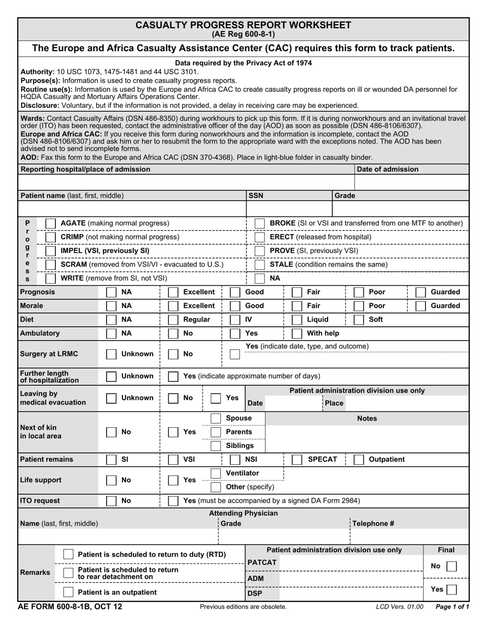 AE Form 600-8-1B Casualty Progress Report Worksheet, Page 1