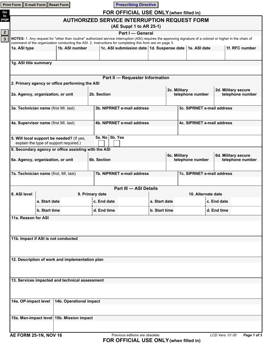 AE Form 25-1N Authorized Service Interruption Request Form, Page 1