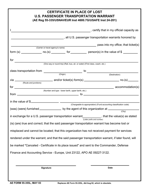 AE Form 55-355L Certificate in Place of Lost U.S. Passenger Transportation Warrant