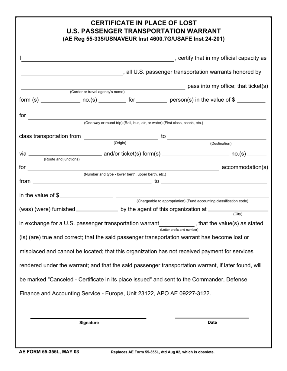 AE Form 55-355L Certificate in Place of Lost U.S. Passenger Transportation Warrant, Page 1