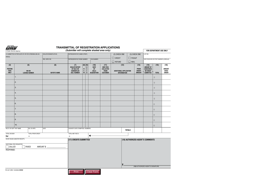 Form FO247 Transmittal of Registration Applications - California, Page 1