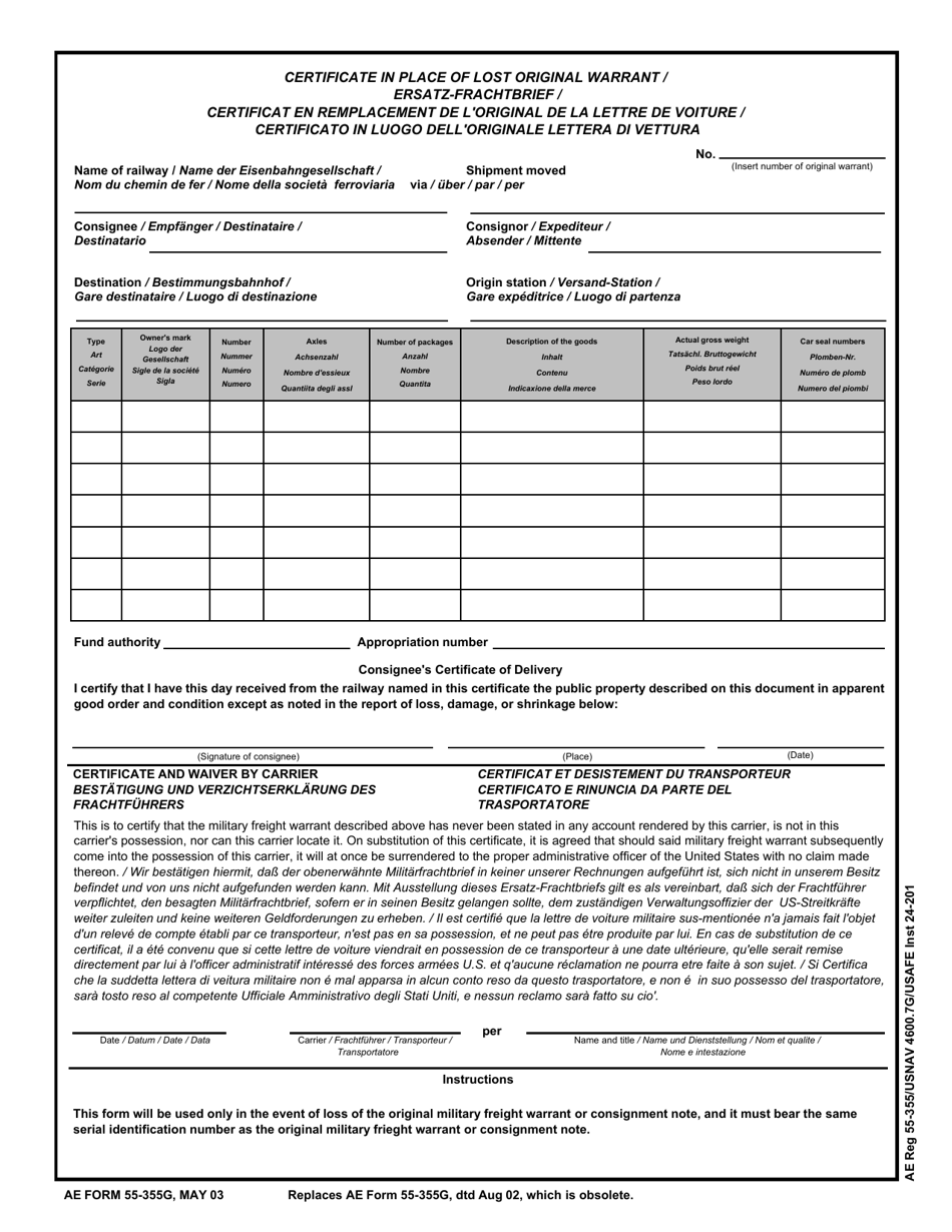 AE Form 55-355G Certificate in Lieu of Lost Original Warrant (English / Italian / French / German), Page 1