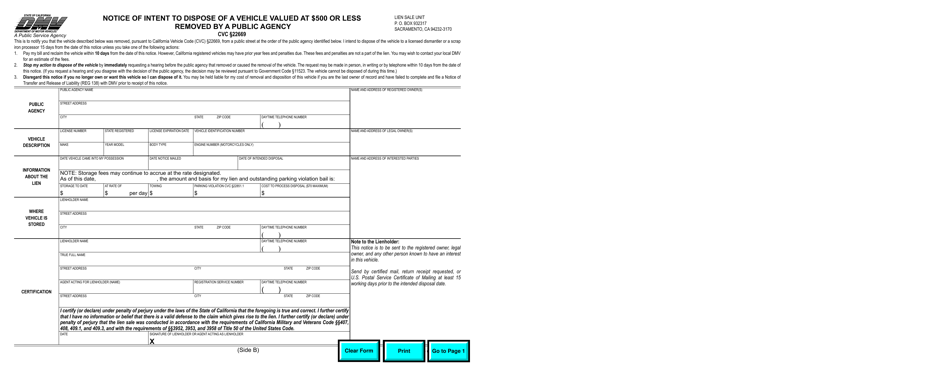 Form REG684 Notice of Intent to Dispose of a Vehicle Valued at 500 or Less Removed by a Public Agency for Reasons Other Than Abandonment - California, Page 2