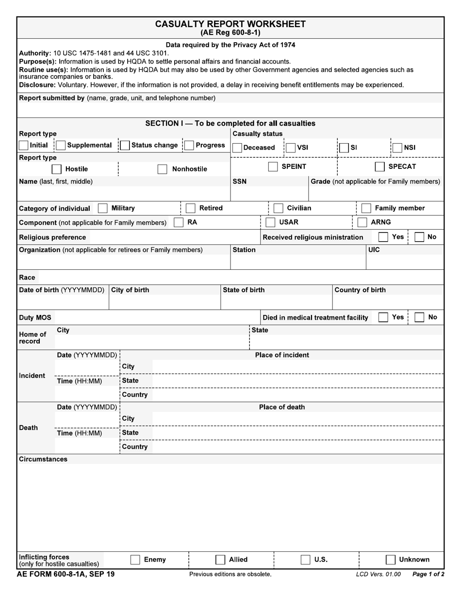 AE Form 600-8-1A Casualty Report Worksheet, Page 1