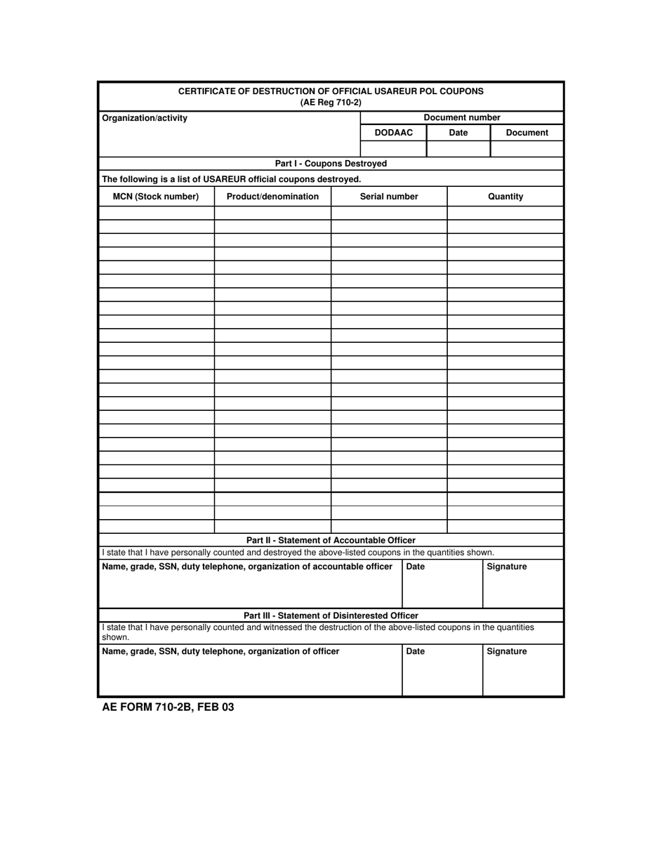 AE Form 710-2B Certificate of Destruction of Official Usareur Pol Coupons, Page 1
