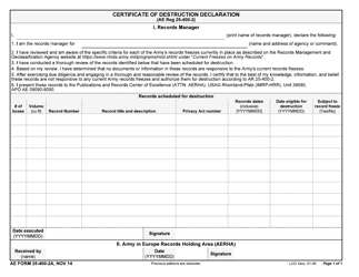 Document preview: AE Form 25-400-2A Certificate of Destruction Declaration