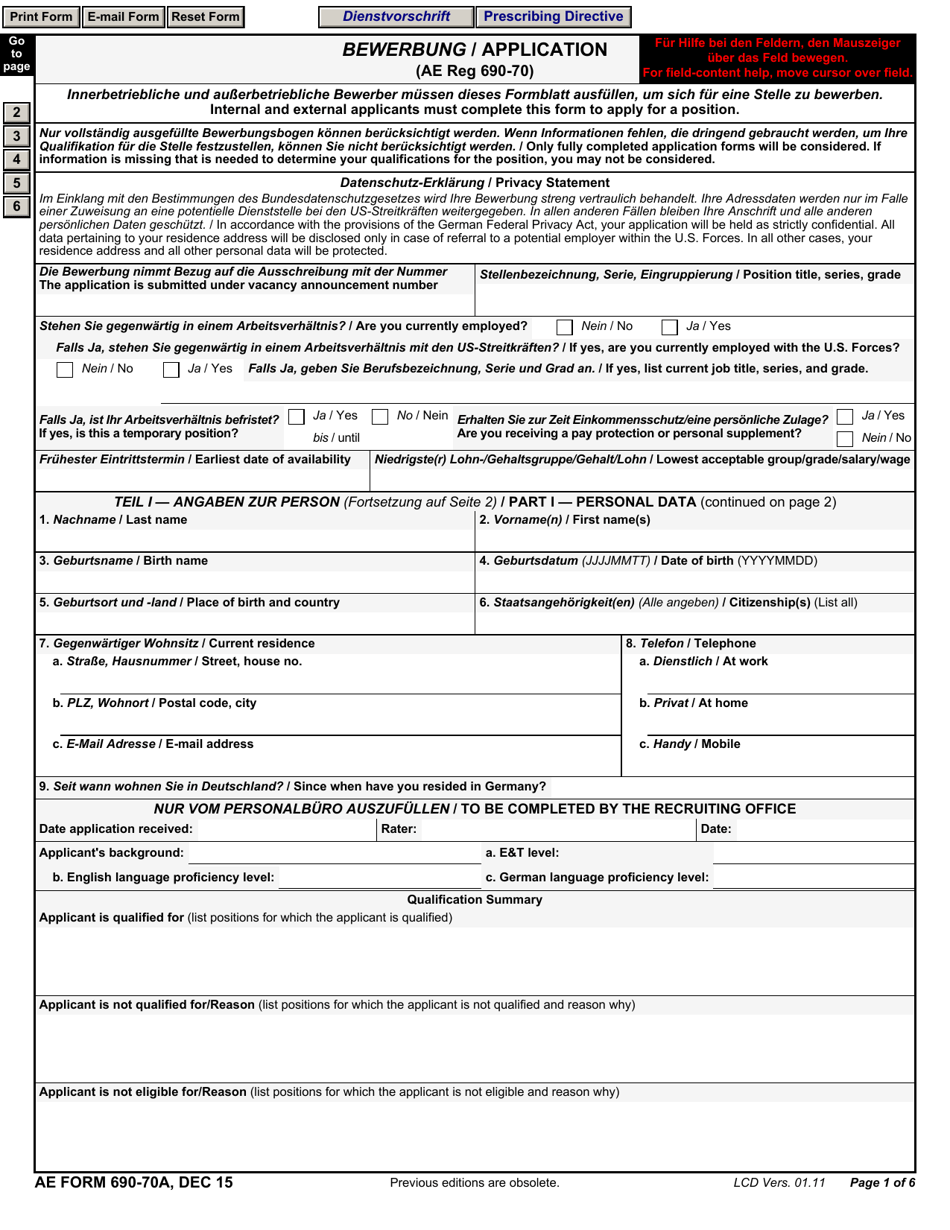 AE Form 690-70A Application (English / German), Page 1