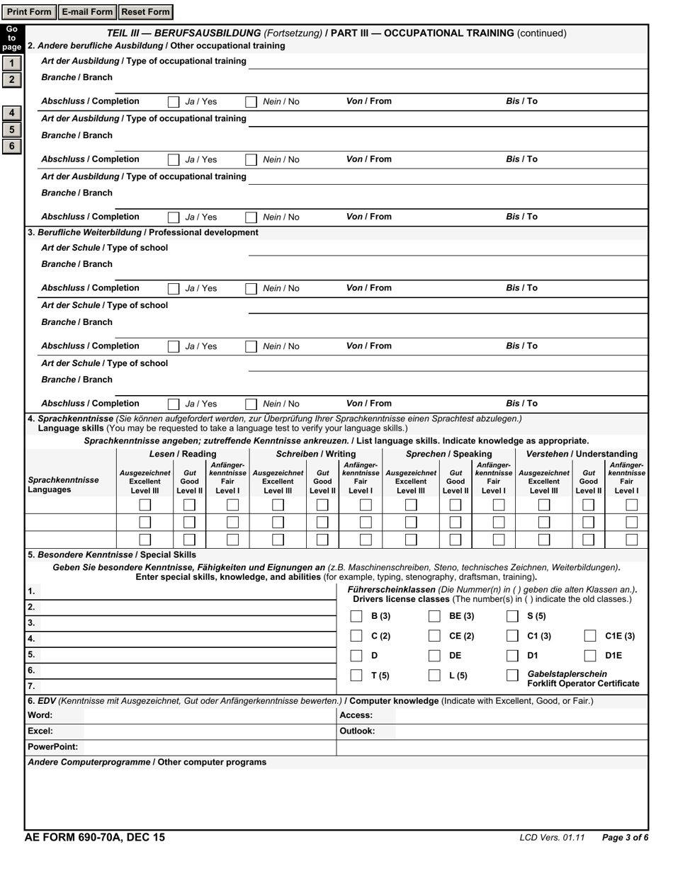AE Form 690-70A Application (English / German), Page 3