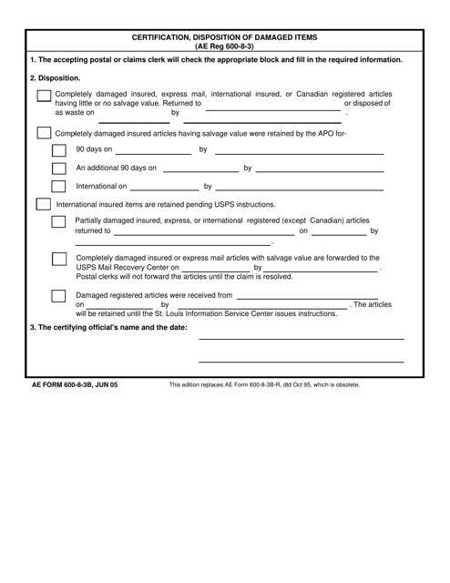 AE Form 600-8-3B Certification, Disposition of Damaged Items