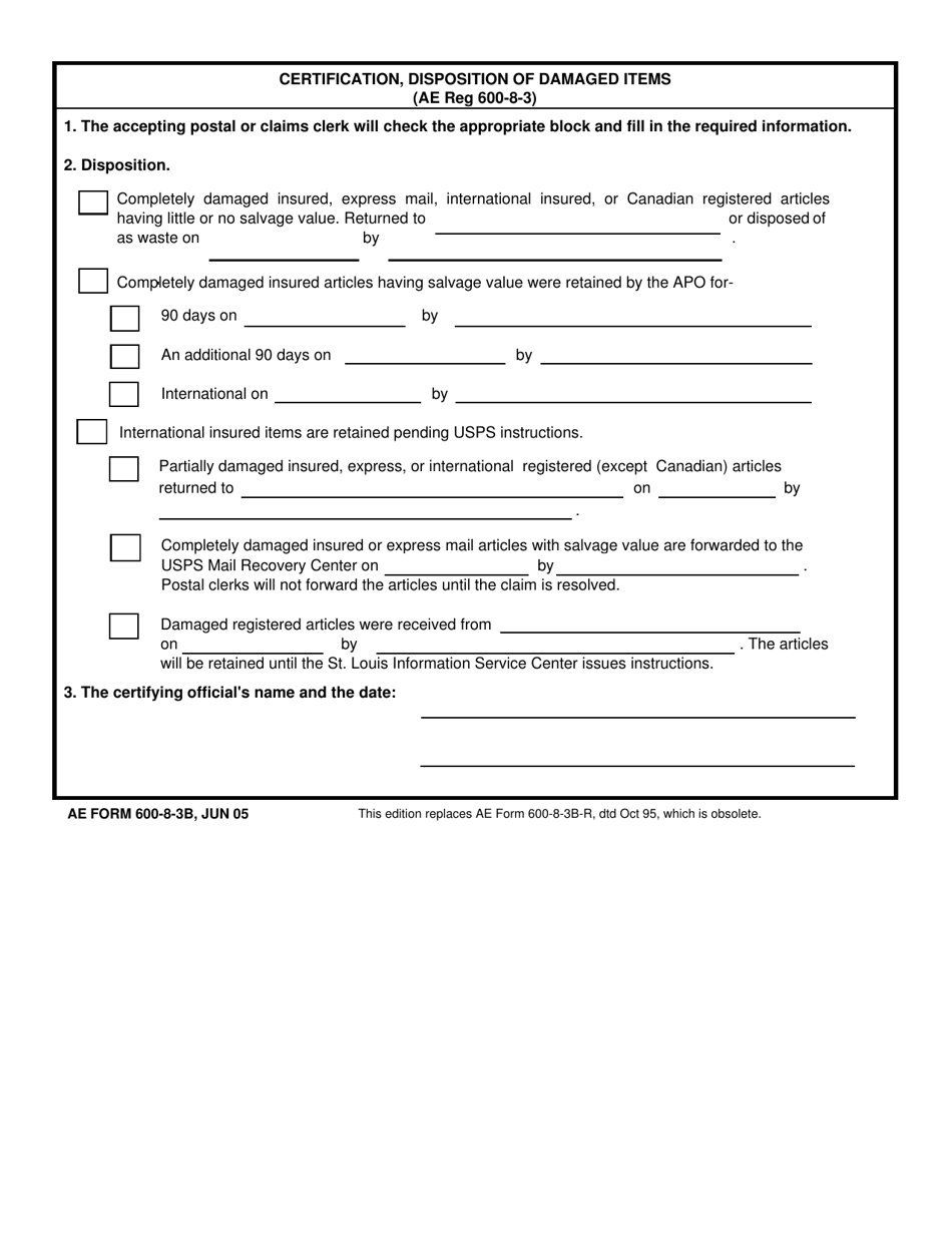 AE Form 600-8-3B Certification, Disposition of Damaged Items, Page 1