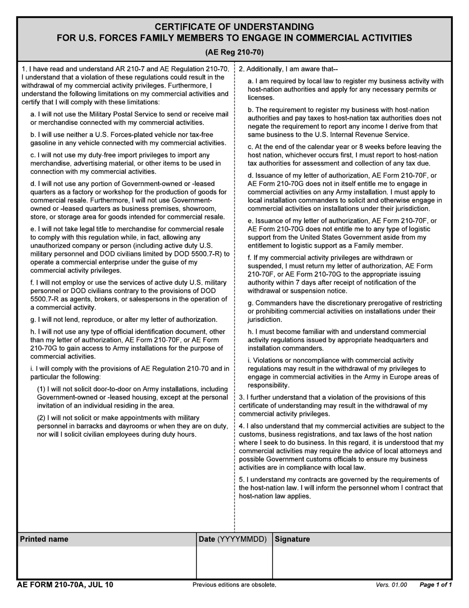 AE Form 210-70A Certificate of Understanding for U.S. Forces Family Members to Engage in Commercial Activities, Page 1