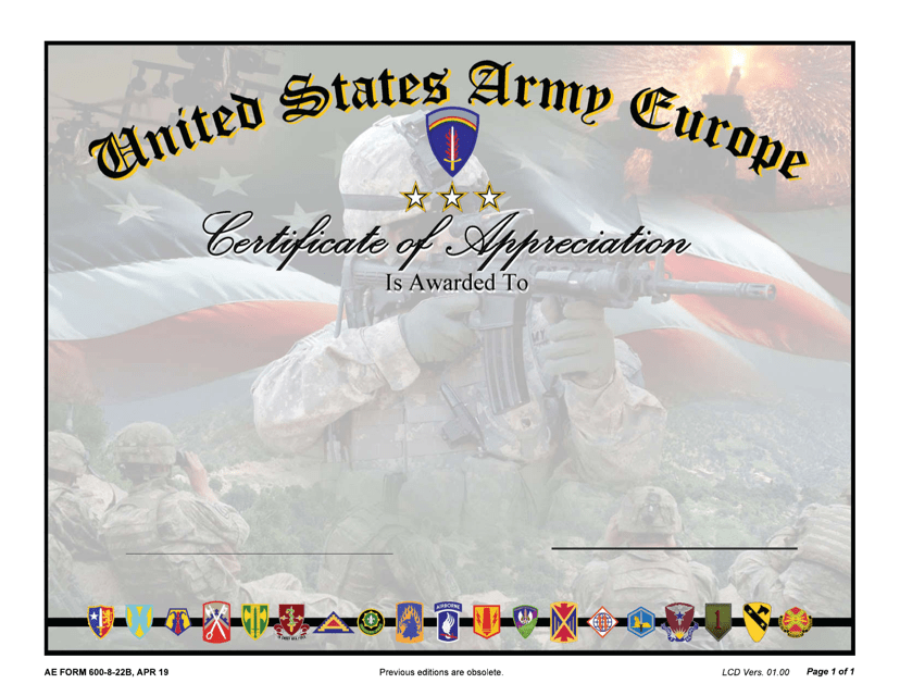 AE Form 600-8-22B Certificate of Appreciation