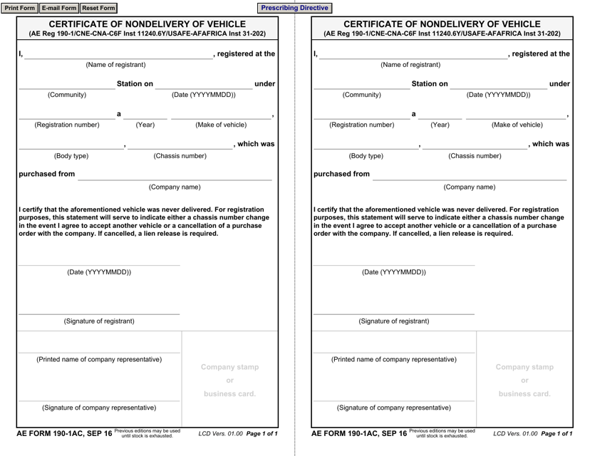 AE Form 190-1AC Certificate of Nondelivery of Vehicle