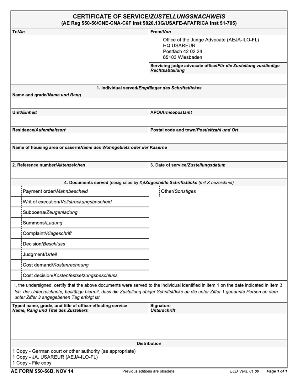 AE Form 550-56B Certificate of Service (English / German), Page 1